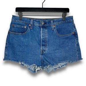 Levis Premium Womens 501 Denim Jean Shorts 31 Cut-Off Blue Button Fly Raw Hem